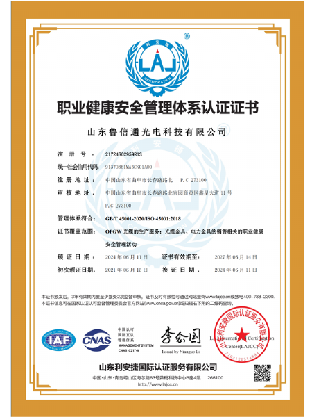 職業健康安全管理體系認證證書